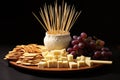 toothpicks pile next to a cheese and grapes platter