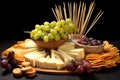 toothpicks pile next to a cheese and grapes platter