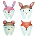 Tooths in the shape of a animals with happy cartoon face painted in watercolor. Royalty Free Stock Photo