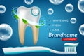 toothWhitening toothpaste ads, sparkling white tooth with mint leaves and bubbles isolated on blue background in 3d illustration