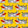 Toothy Sneaker monster pattern seamless. Sneakers with teeth background. Angry hungry Sports shoes vector texture