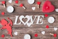 Top above flat lay close up view photo of wooden desk with st valentines composition accessories on it