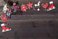 Top above high angle closeup overhead view photo of nice beautiful christmas decoration lying on wooden dark table desk Royalty Free Stock Photo