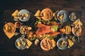 Top above high angle photo of big baked roast stuffed turkey salad decor middle of dinner thank god meal full plates Royalty Free Stock Photo