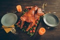 Top above high angle photo of big tasty roast chicken on tray with red cherry tomato herbs served table for two people Royalty Free Stock Photo