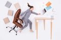 Top above high angle vertical view full length profile side photo of worried fear girl lawyer flat lay sit chair laptop