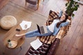 Top above high angle view full length photo of young girl work home laptop break pause rest hands behind head indoors Royalty Free Stock Photo