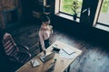 Top above high angle view of her she attractive elegant bossy busy lady shark expert working on laptop at modern Royalty Free Stock Photo