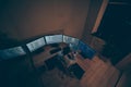 Top above high angle view of his he nice senior skilled smart clever brunet guy writing creating report code qa language Royalty Free Stock Photo