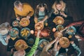 Top above high angle view of nice cheerful friendly big full family having lunch eating homemade cuisine fresh meal Royalty Free Stock Photo