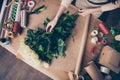 Top above high angle view of nice lady assistant seller vendor making fresh wedding birthday event celebratory