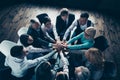 Top above high angle view of nice stylish sharks corporate company staff putting palms together over table desk