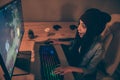 Top above high angle view photo of cheerful positive pretty sweet girl in cap headwear pressing keyboard with long