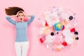 Top above high angle view photo crazy anxious girl impressed planet earth pollution globe plastic cup plate empty bottle