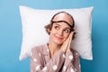 Top above high angle view photo of dreamy sleepy woman lie pillow look empty space on blue color background