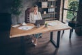 Top above high angle view photo of focused smart woman calculating salary for workers of her company in heeled shoes