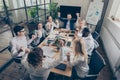 Top above high angle view photo luck lucky business people freelancers sit table boardroom celebrate way-out crisis Royalty Free Stock Photo