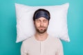 Top above high angle view photo of young man lying pillow sleep night drowse comfort isolated over teal color background