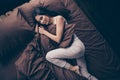 Top above high angle view portrait of her she nice-looking attractive lovely sleepy calm peaceful girl lying in bed