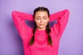 Top above high angle view of sleepy calm young woman hold hands behind head weekend rest isolated on violet color Royalty Free Stock Photo