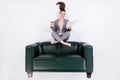Top above high angle view vertical full length photo marketer agent girl flatlay sit couch relax hold takeaway mug
