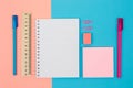 Top above overhead close up view photo of pretty beauitful nice school accessories half pink half blue. Universitry student pupil Royalty Free Stock Photo