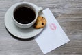 Top above overhead close up view photo of tasty dekicious fresh dark coffee espresso. A cup of hot coffee on a saucer with a choco Royalty Free Stock Photo