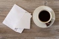 Top above overhead close up view photo of tasty fresh morning dark espresso cup of coffe with dessert sweet candies chocolate and Royalty Free Stock Photo