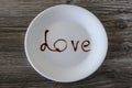 Top above overhead close up view photo of white round plate with write inscription i love you concept. A plate with word love on i