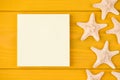 Top above overhead view close-up cropped photo of starfish and blank sticky notes isolated on yellow wooden background with Royalty Free Stock Photo