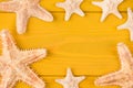 Top above overhead view close-up cropped photo of starfish isolated on yellow wooden background with copyspace Royalty Free Stock Photo