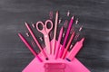 Top above overhead view close-up photo of arranged set layout pink stationery with falling clips pin isolated on blackboard Royalty Free Stock Photo