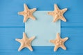 Top above overhead view close-up photo of a blank note with starfish isolated on blue wooden background with copyspace Royalty Free Stock Photo