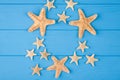 Top above overhead view close-up photo of a pattern of starfish isolated on blue wooden background with copyspace Royalty Free Stock Photo