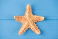 Top above overhead view close-up photo of single starfish in the center isolated on blue wooden background with copyspace Royalty Free Stock Photo