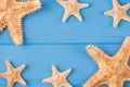 Top above overhead view close-up photo of starfish isolated on blue wooden background with copyspace Royalty Free Stock Photo