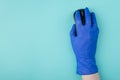 Top above overhead view photo of hand in glove using wireless mouse to search for necessery information on Coronavirus isolated on Royalty Free Stock Photo