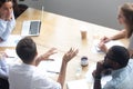 Top view diverse businesspeople negotiating sitting at boardroom