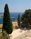 Top of the Acropolis of Lindos, the ancient Hellenistic wall and the ruins of the temple