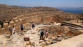 Top of the Acropolis of Lindos, the ancient Hellenistic wall and the ruins of the temple