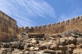 Top of the Acropolis of Lindos, the ancient Hellenistic wall and the ruins of the temple