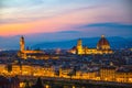 Top aerial panoramic evening view of Florence city with Duomo Cattedrale di Santa Maria del Fiore cathedral Royalty Free Stock Photo