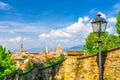 Top aerial panoramic view of Florence city with Duomo Cattedrale di Santa Maria del Fiore cathedral Royalty Free Stock Photo