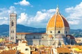 Top aerial panoramic view of Florence city with Duomo Cattedrale di Santa Maria del Fiore cathedral Royalty Free Stock Photo