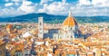 Top aerial panoramic view of Florence city with Duomo Cattedrale di Santa Maria del Fiore cathedral Royalty Free Stock Photo