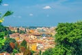 Top aerial panoramic view of Florence city historical centre with Ponte Vecchio bridge over Arno river Royalty Free Stock Photo