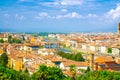 Top aerial panoramic view of Florence city with Ponte Vecchio bridge over Arno river Royalty Free Stock Photo