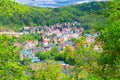 Top aerial panoramic view of Karlovy Vary Carlsbad spa town with colorful beautiful buildings Royalty Free Stock Photo