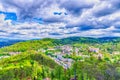 Top aerial panoramic view of Karlovy Vary Carlsbad spa town with colorful beautiful buildings Royalty Free Stock Photo