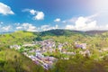 Top aerial panoramic view of Karlovy Vary Carlsbad spa town with colorful beautiful buildings Royalty Free Stock Photo